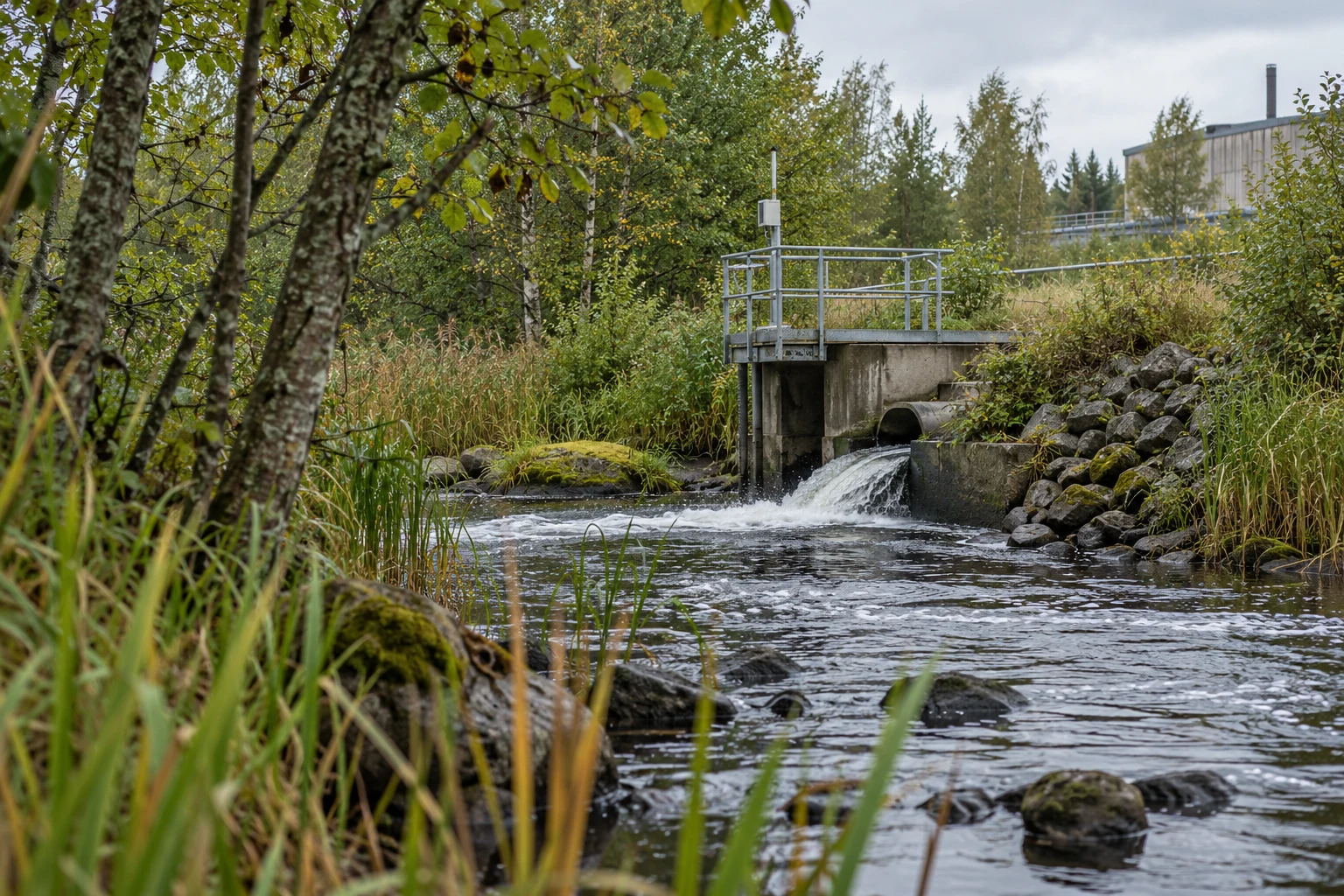AI-genererad exempelbild av vattendrag och en provtagningsplats i industrimiljö